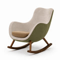 Silla mecedora de lino beige y verde con estructura de madera de nogal