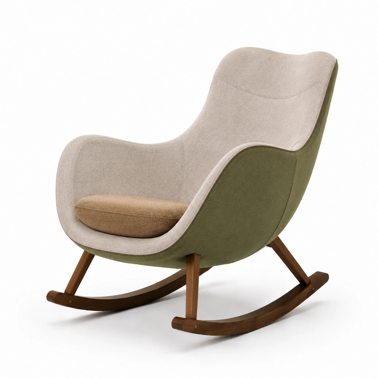 Silla mecedora de lino beige y verde con estructura de madera de nogal