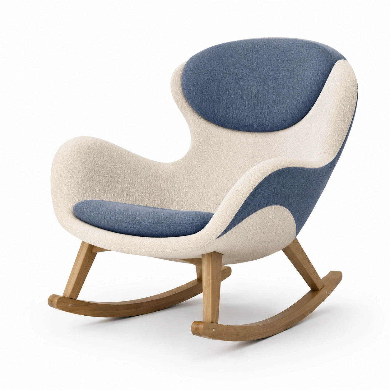 Silla mecedora de madera con tapizado beige y azul