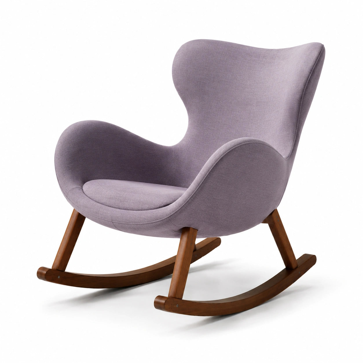 Silla mecedora de tela púrpura con estructura de madera