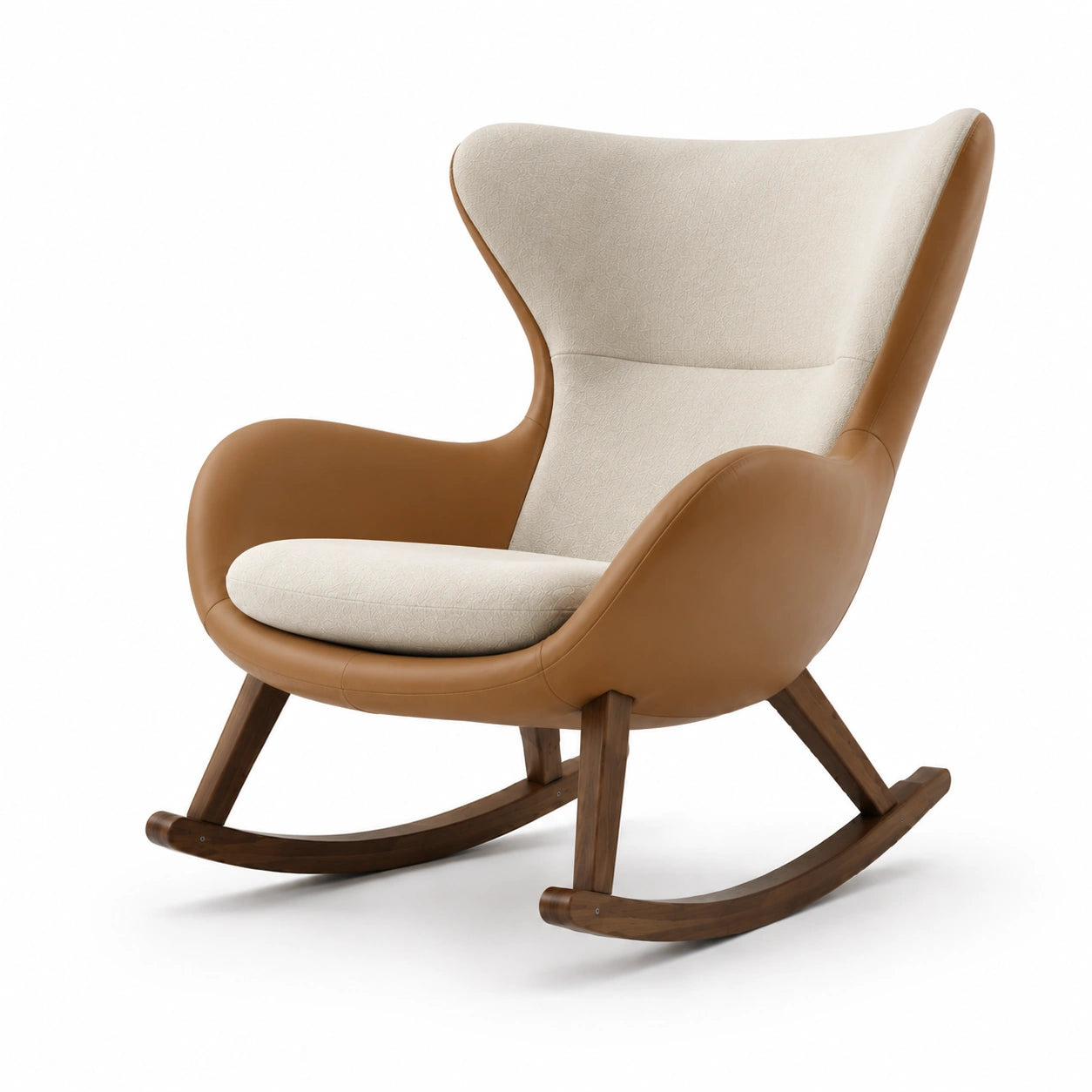 Silla mecedora de madera con tapizado en tela crema y cuero sintético marrón