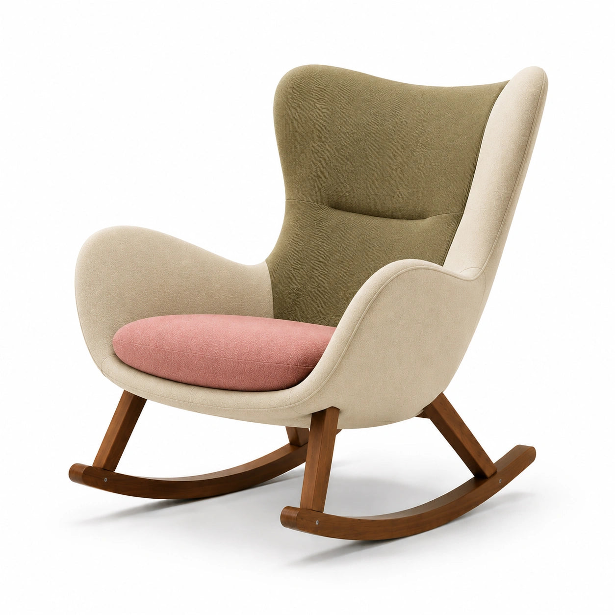 Sillón mecedora de madera y tela poliéster beige/rosa/verde