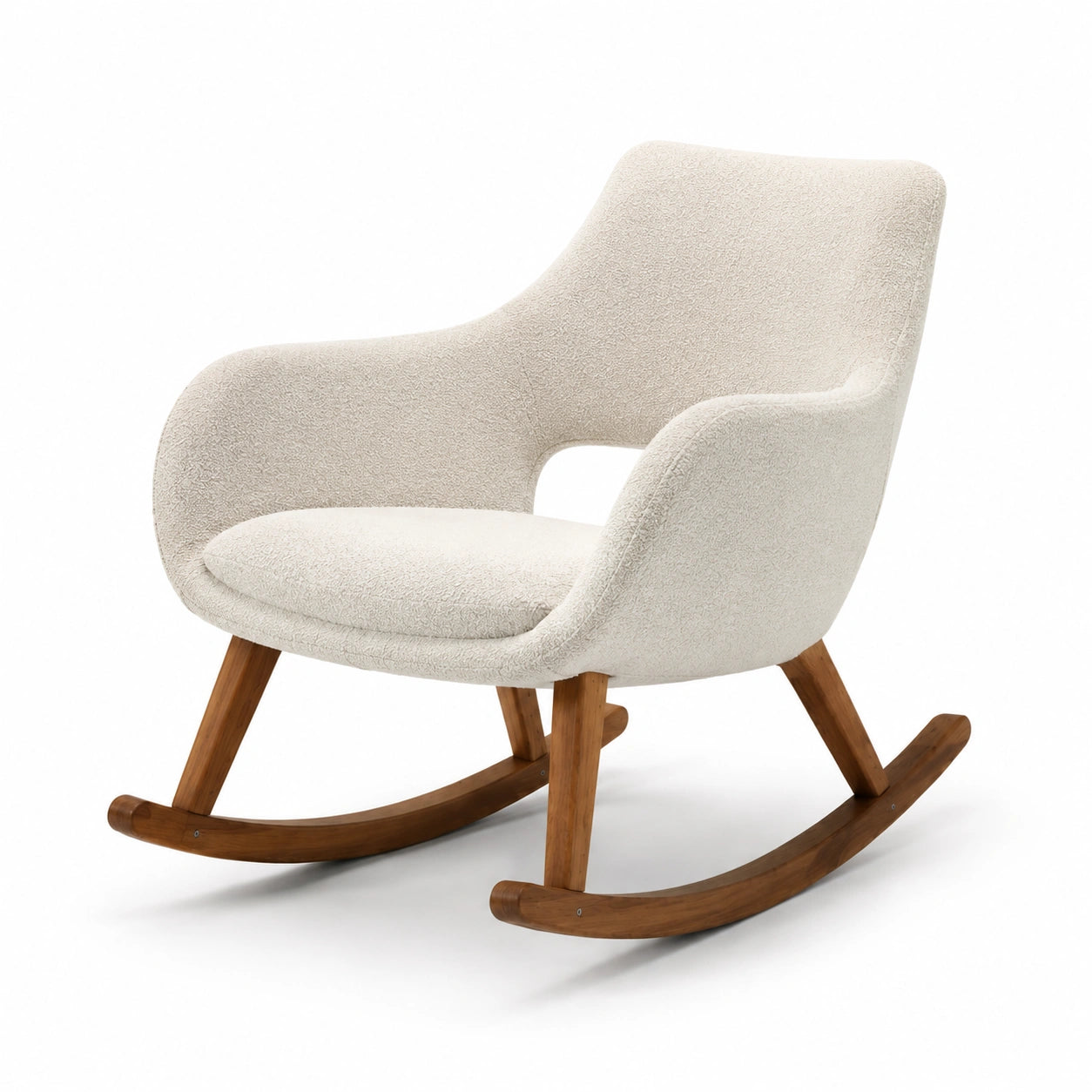 Silla mecedora de tela bouclé beige y madera