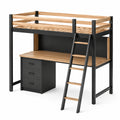 Cama alta con escritorio y cajones en acero negro y madera de abedul