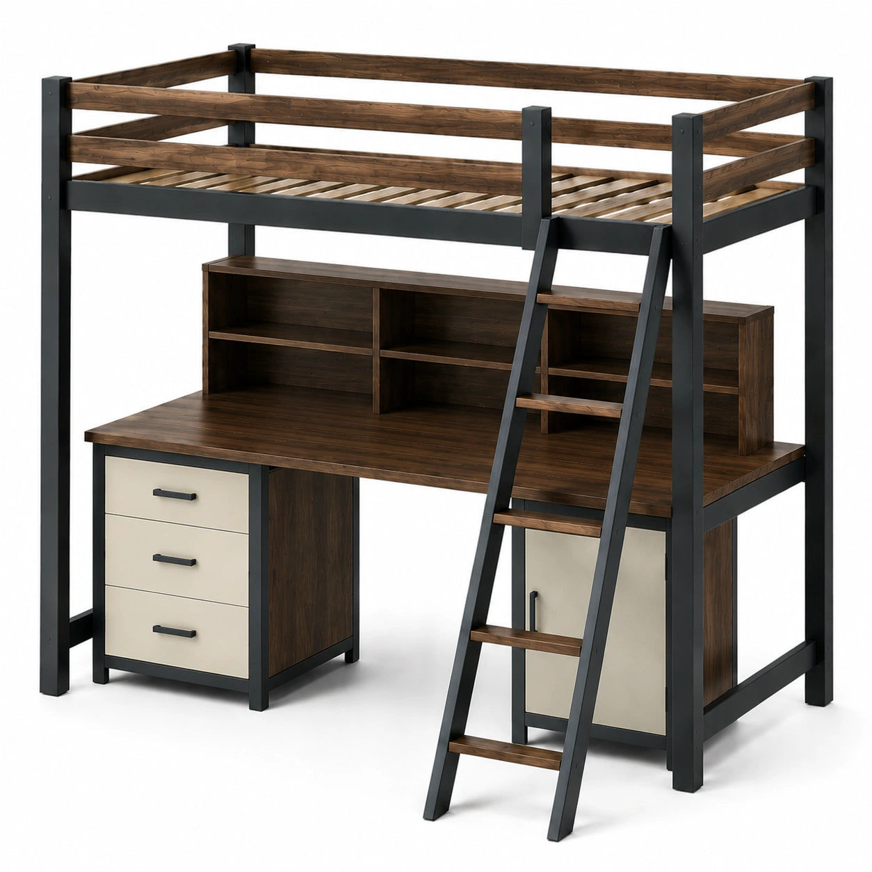 Cama Alta de Madera y Metal con Escritorio y Estanterías