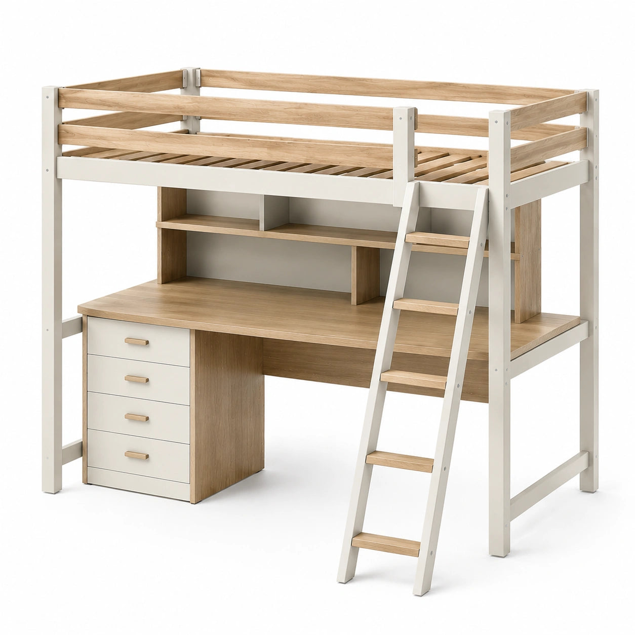 Cama alta con escritorio y cajonera de madera y melamina 200 cm x 100 cm x 180 cm