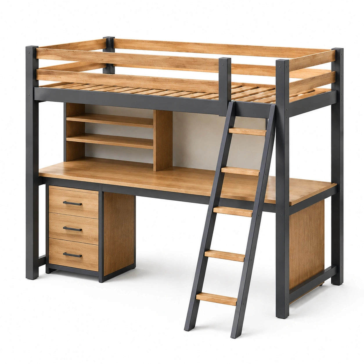 Cama alta de acero y madera con escritorio y estanterías 200x100 cm