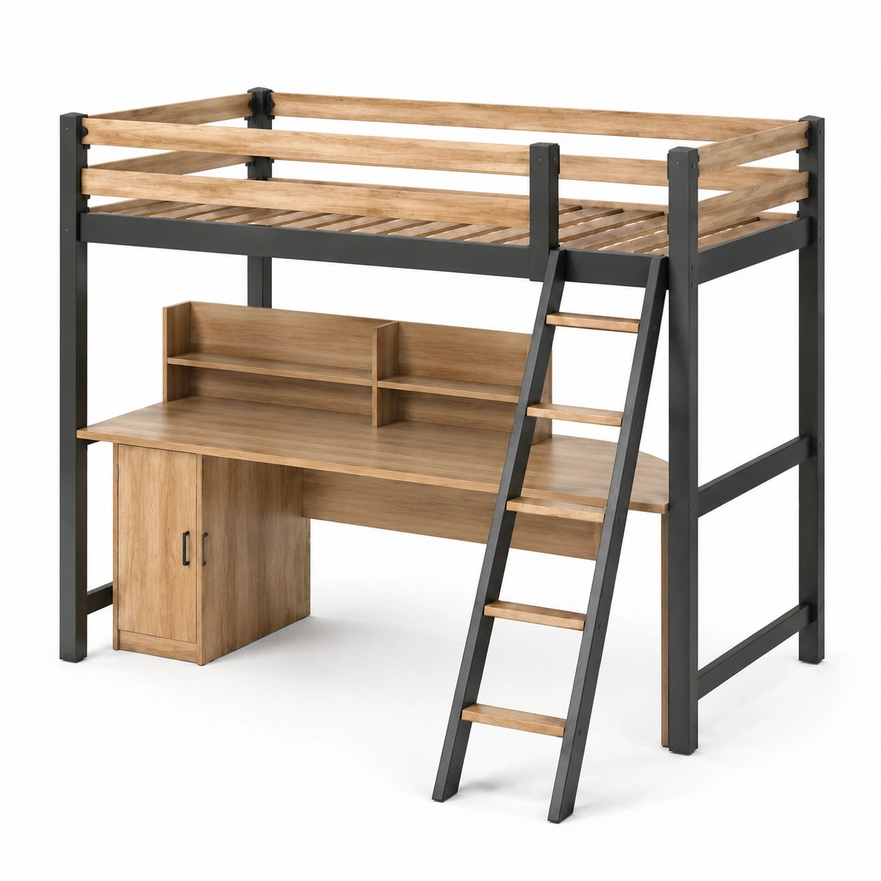Cama litera de madera y metal con escritorio integrado 200x100x180 cm