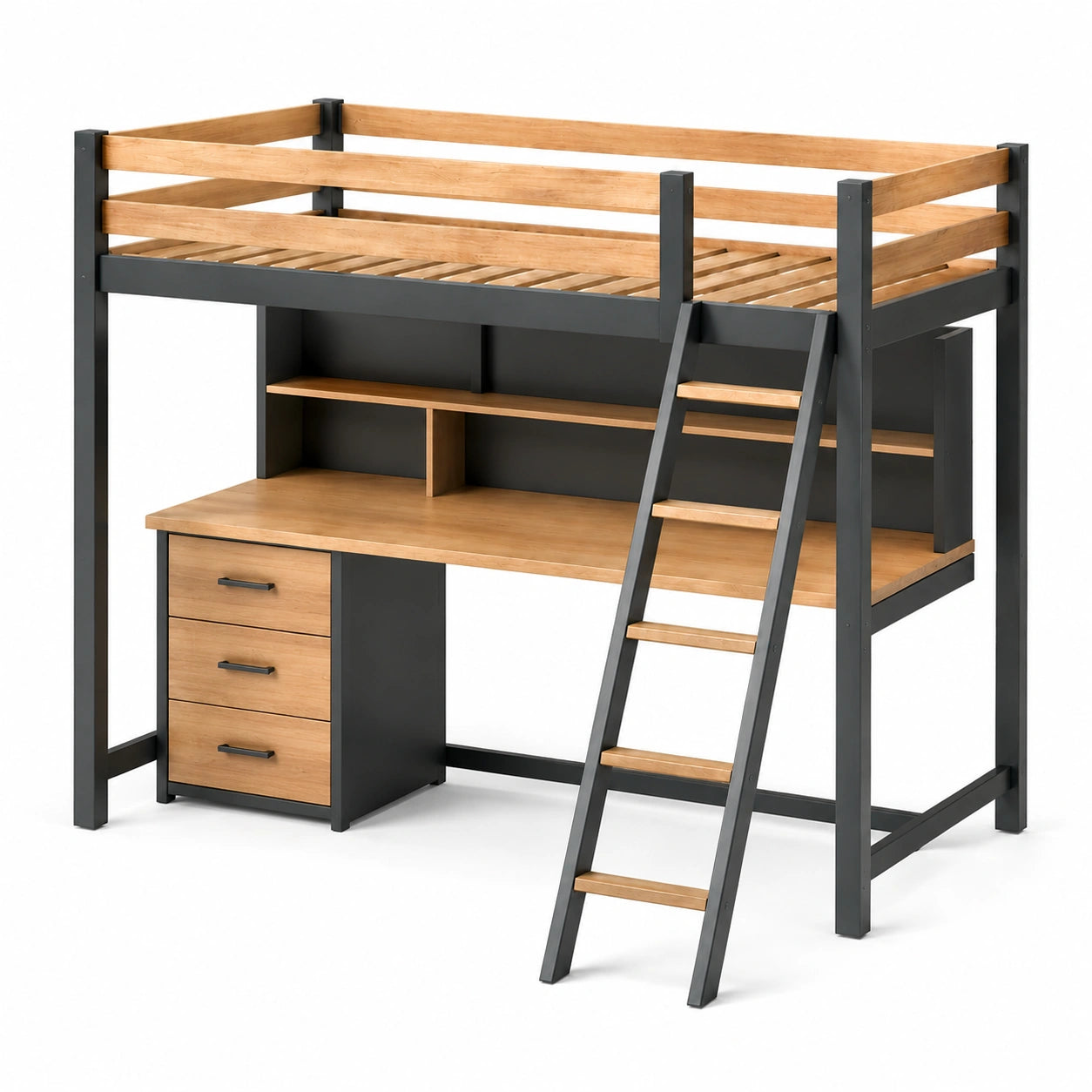Litera alta con escritorio y cajonera de acero y roble laminado