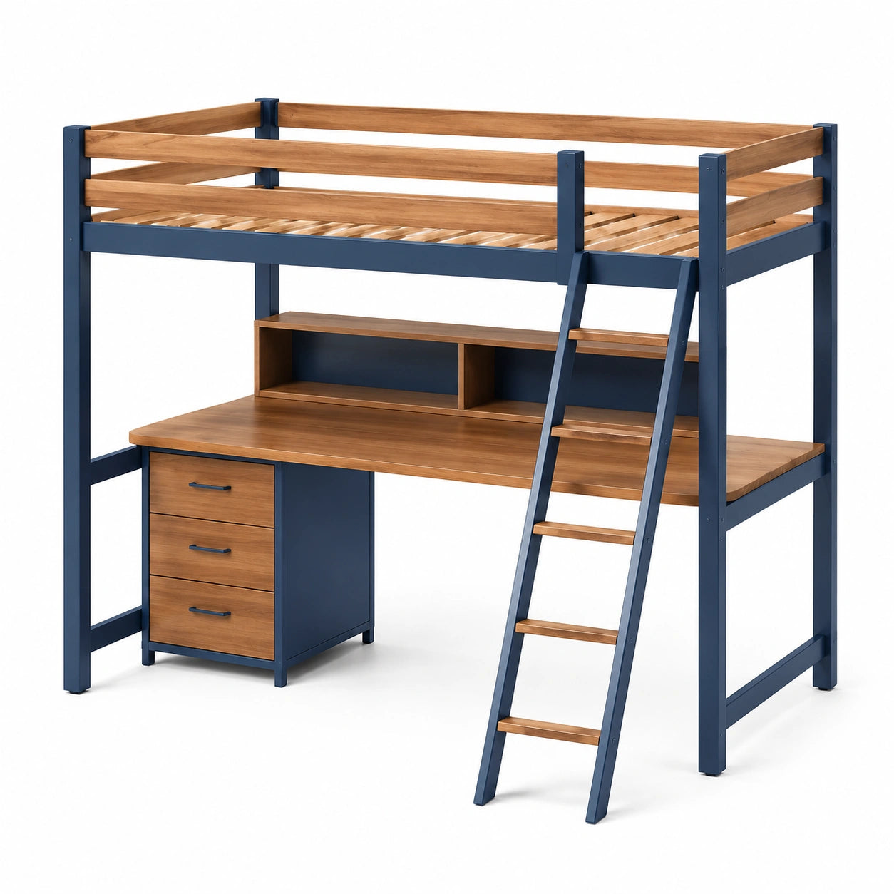 Cama alta con escritorio de acero y MDF Azul/Madera
