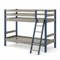Litera de madera y metal gris y azul con escalera