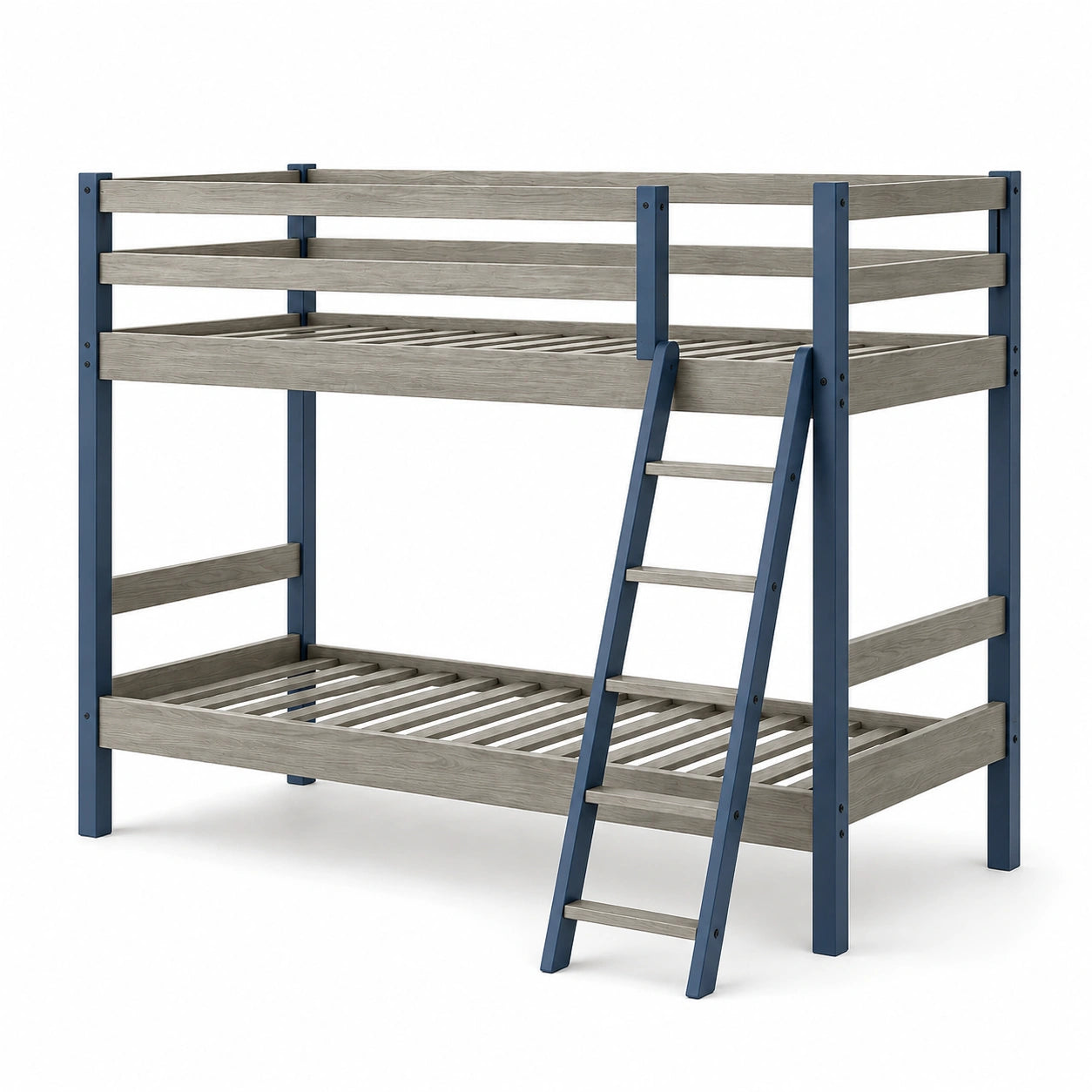 Litera de madera y metal gris y azul con escalera