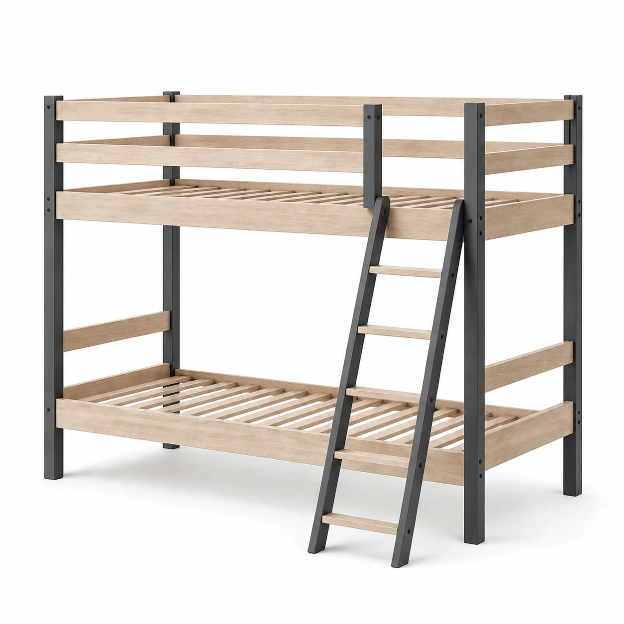 Litera de Madera y Metal con Escalera Inclinada, Natural y Negro, 200x90x160 cm