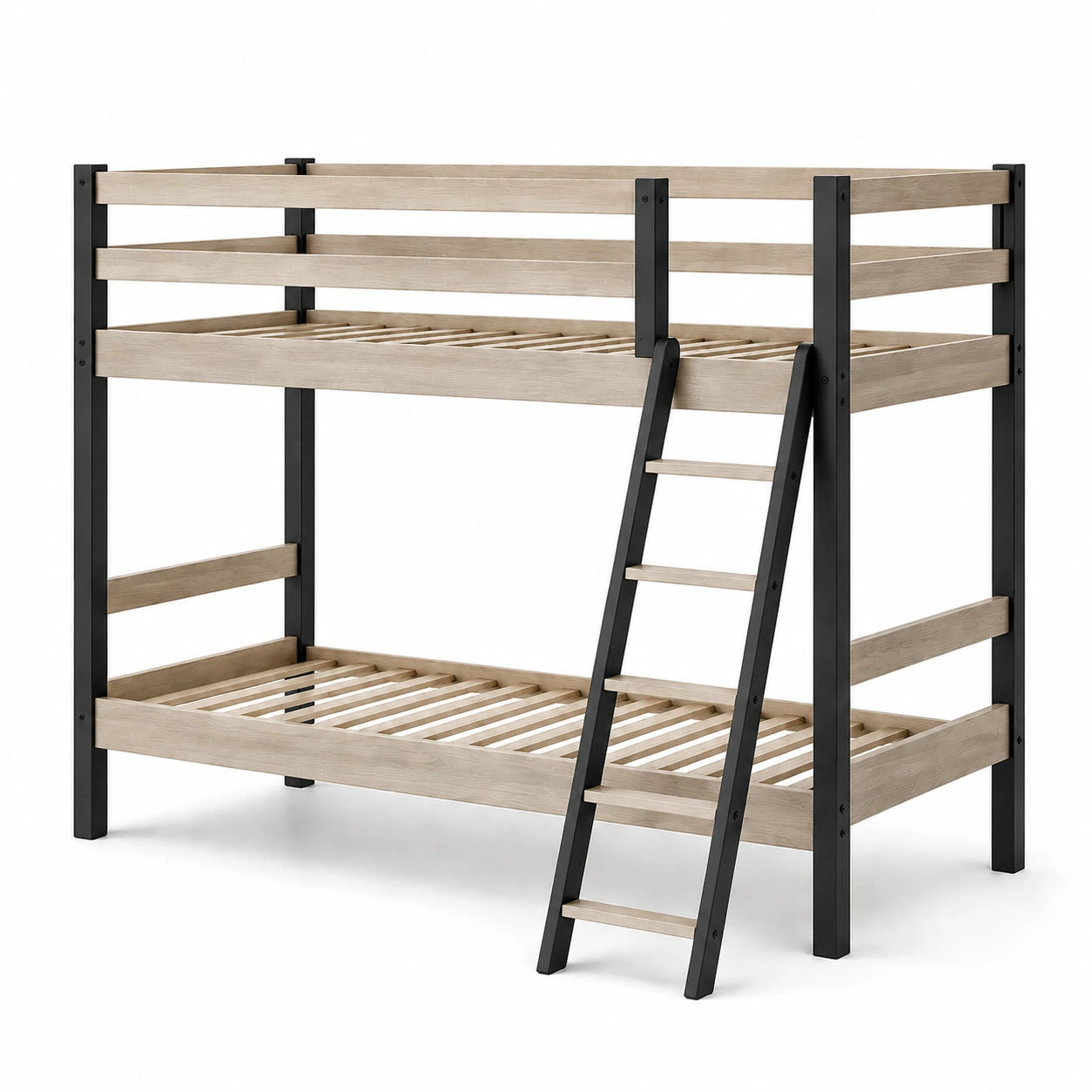Litera de Madera de Pino y Acero con Escalera - Beige/Negro