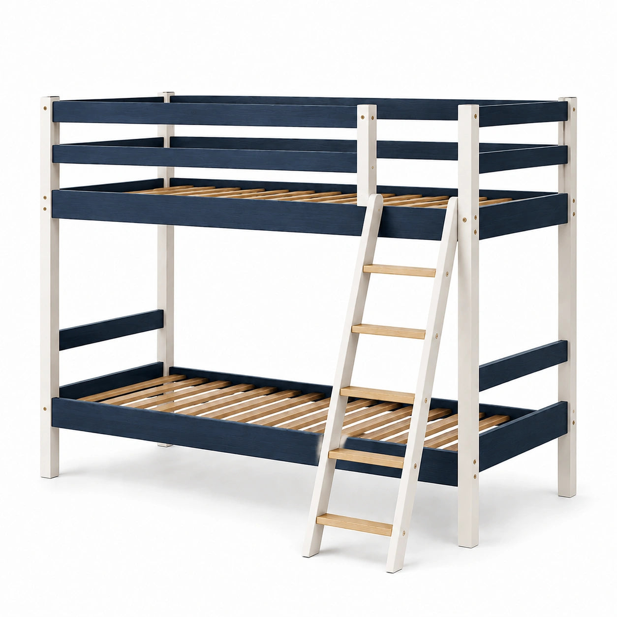 Litera de madera azul y blanco con escalera