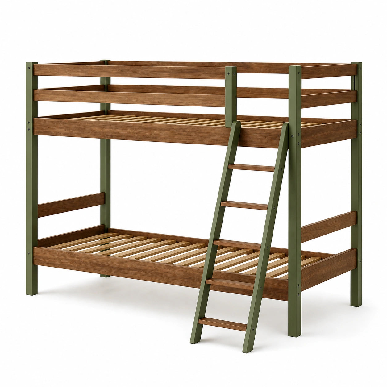 Litera de madera y metal Marrón/Verde con escalera 160x70x150 cm