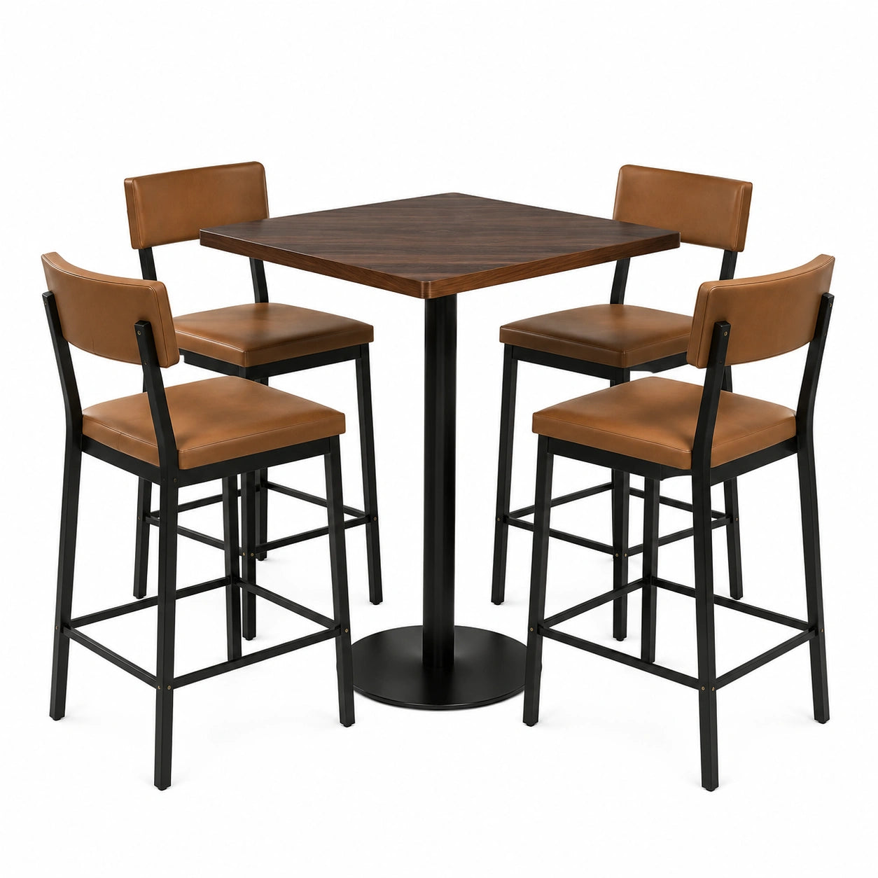 Conjunto de Mesa Alta Cuadrada de Madera y Sillas de Cuero Sintético y Metal