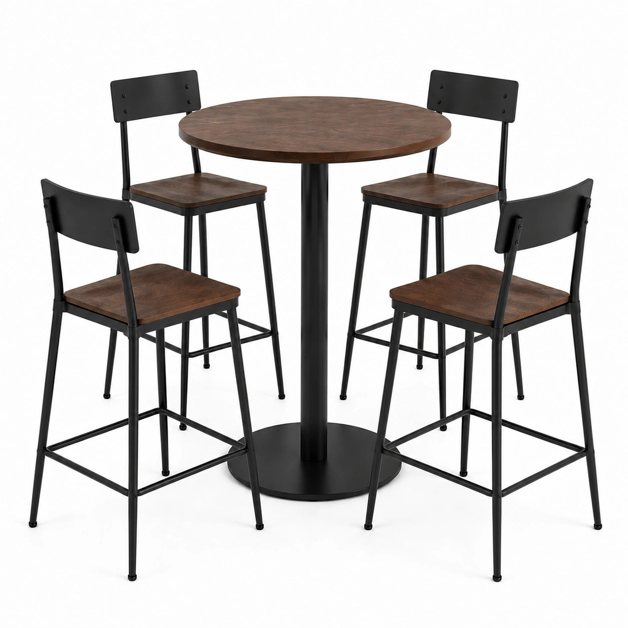 Conjunto de Mesa Redonda y 4 Sillas de Metal y Madera de Acacia