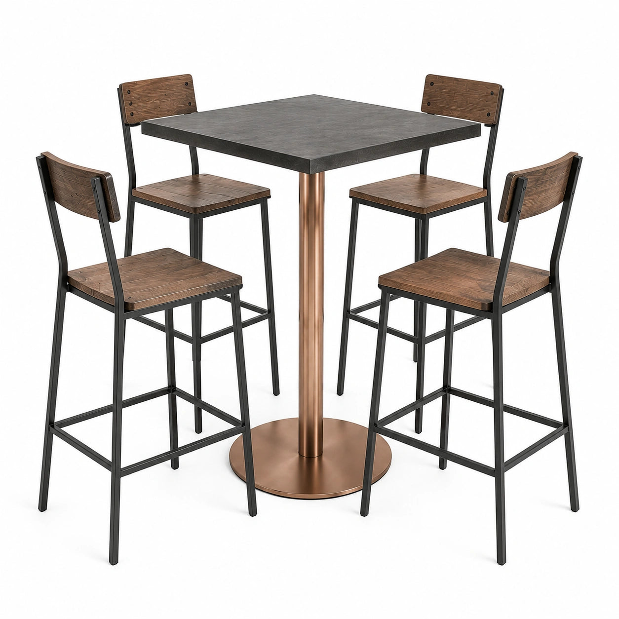 Conjunto de mesa alta de madera y metal con 4 sillas