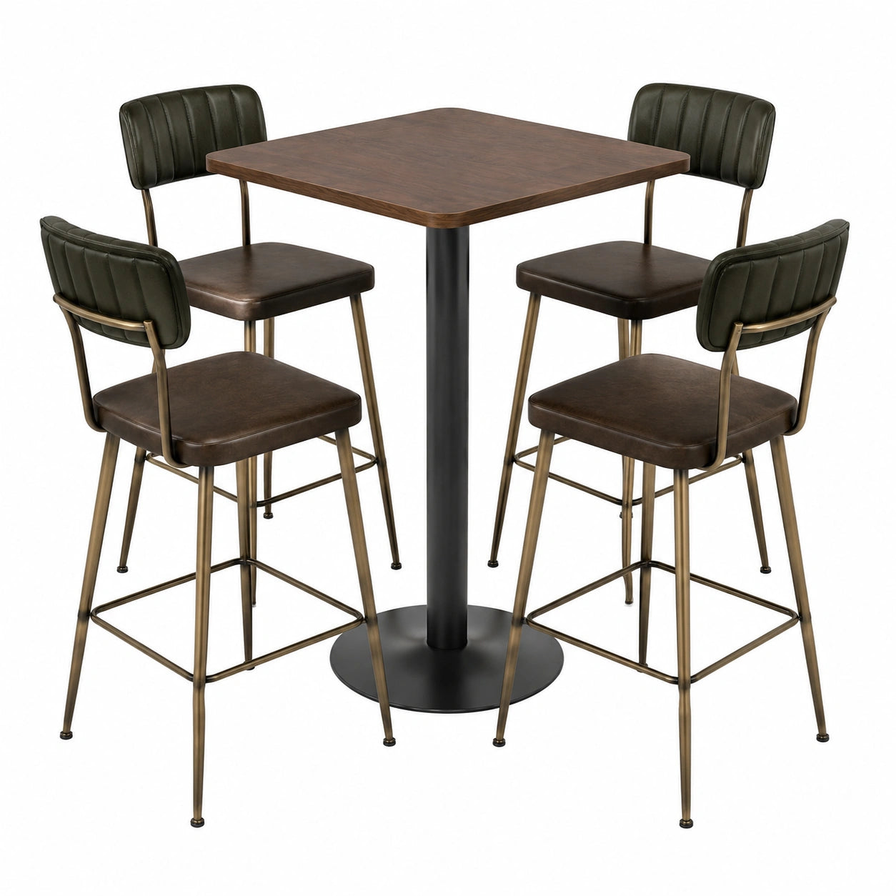Juego de mesa alta cuadrada con 4 taburetes de cuero sintético y metal
