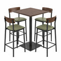 Conjunto de mesa alta cuadrada de madera y 4 sillas de acero con asiento de cuero sintético verde