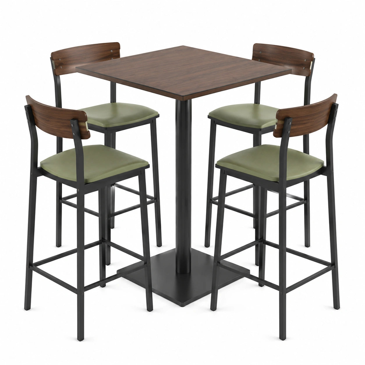 Conjunto de mesa alta cuadrada de madera y 4 sillas de acero con asiento de cuero sintético verde