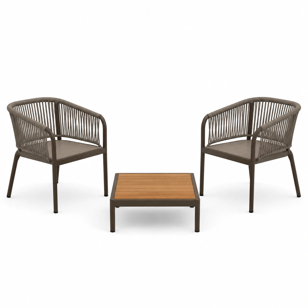 Conjunto de Muebles de Exterior: Sillas de Cuerda y Mesa de Centro de Madera