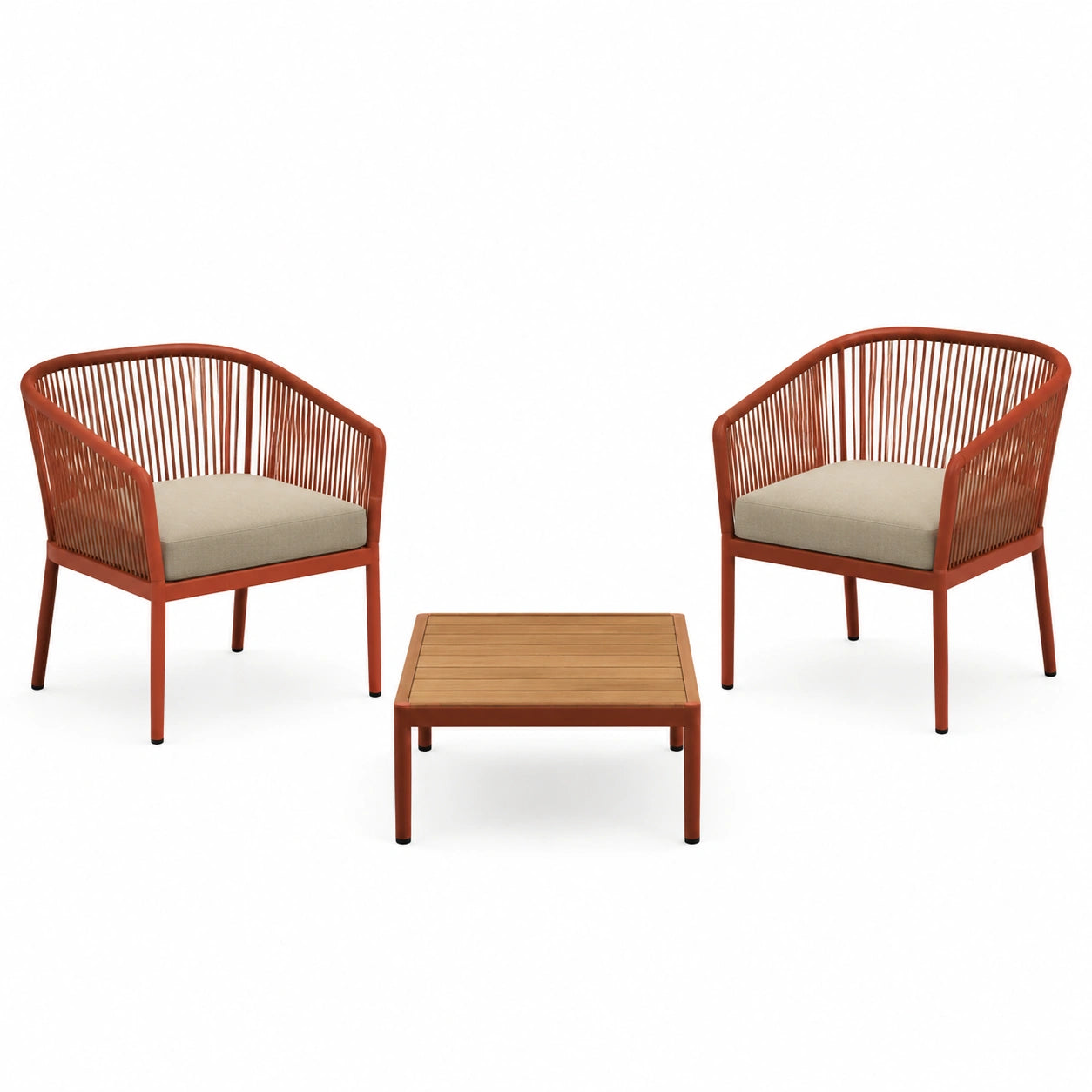 Juego de exterior 2 sillas de metal rojo y mesa cuadrada con cojín beige