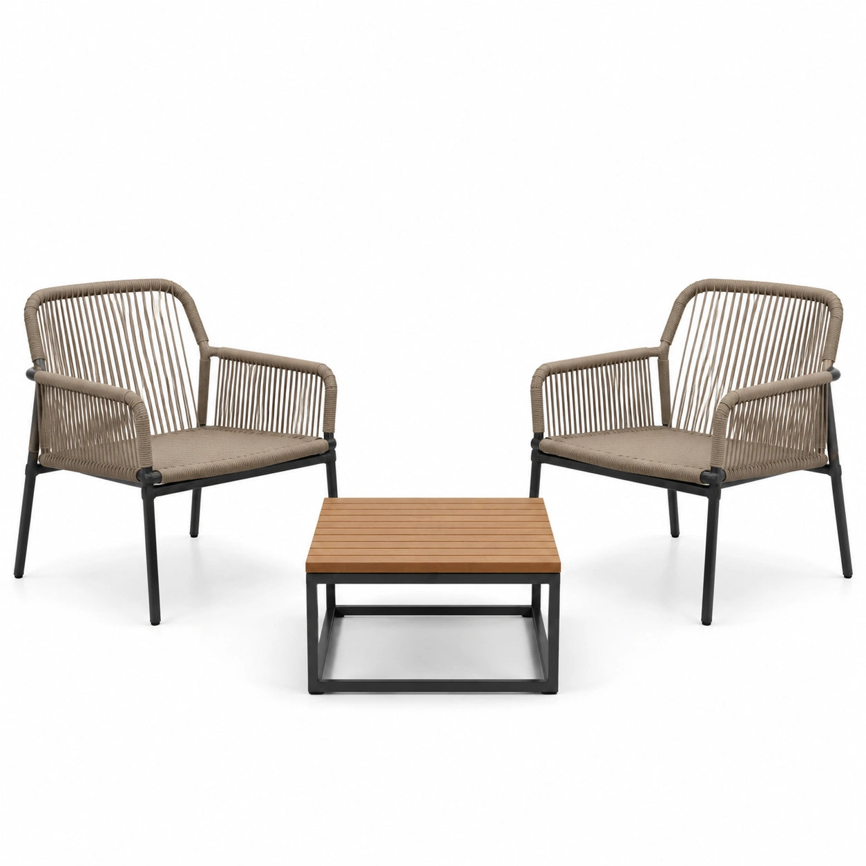 Conjunto de exterior: 2 sillas de metal y cuerda beige + mesa de madera