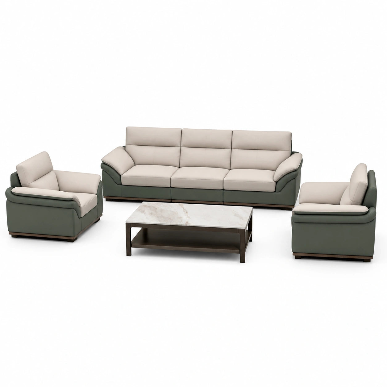 Conjunto de Sofás de Cuero Sintético Beige/Verde con Mesa de Centro de Mármol