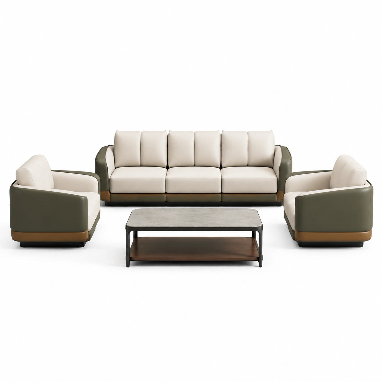 Conjunto de Sofás de Cuero Sintético Beige y Verde con Mesa de Centro