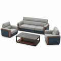 Conjunto de Sofás de Cuero Sintético Gris y Azul con Mesa de Centro de Madera y Mármol