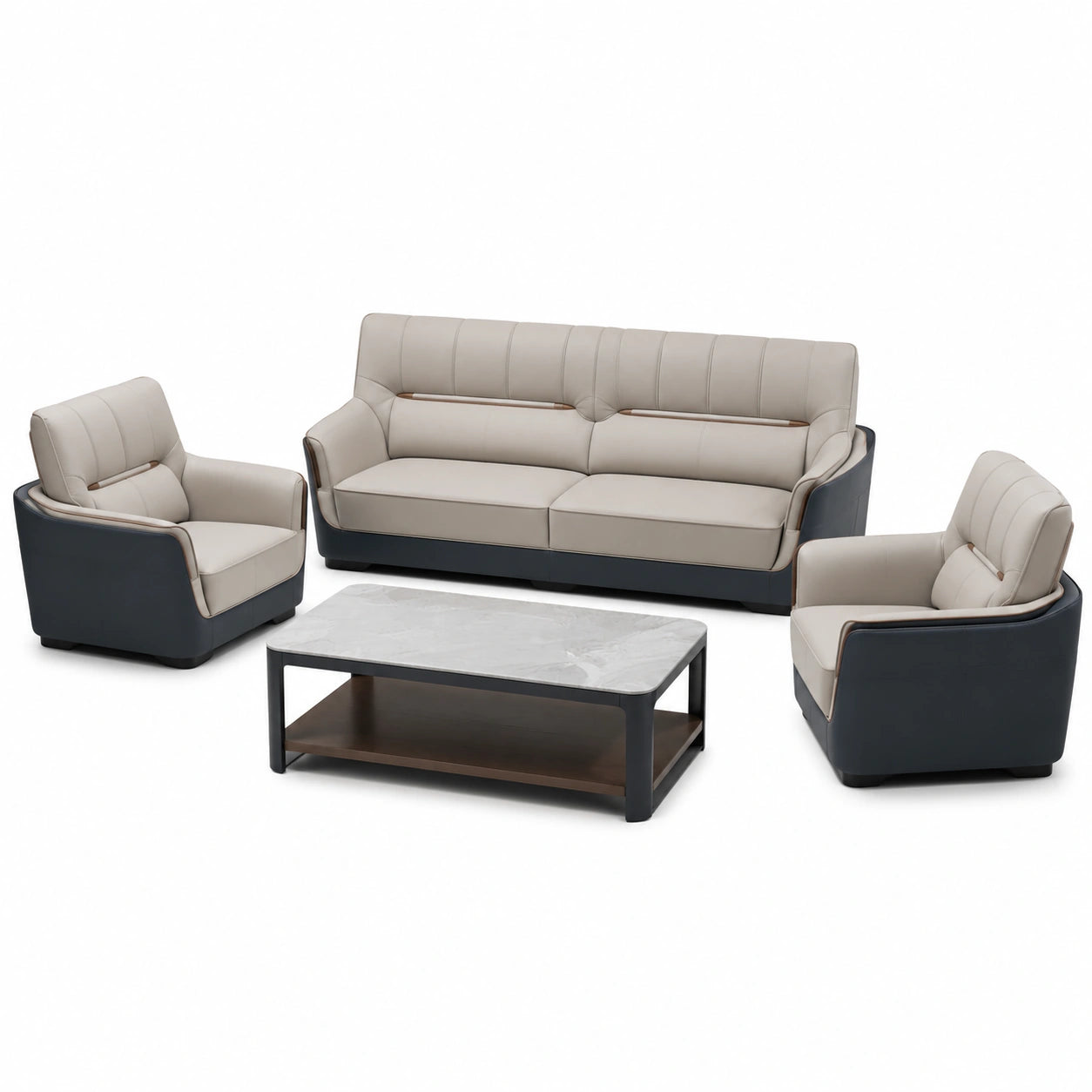Conjunto de Sofás de Cuero Sintético Beige con Mesa de Centro de Mármol