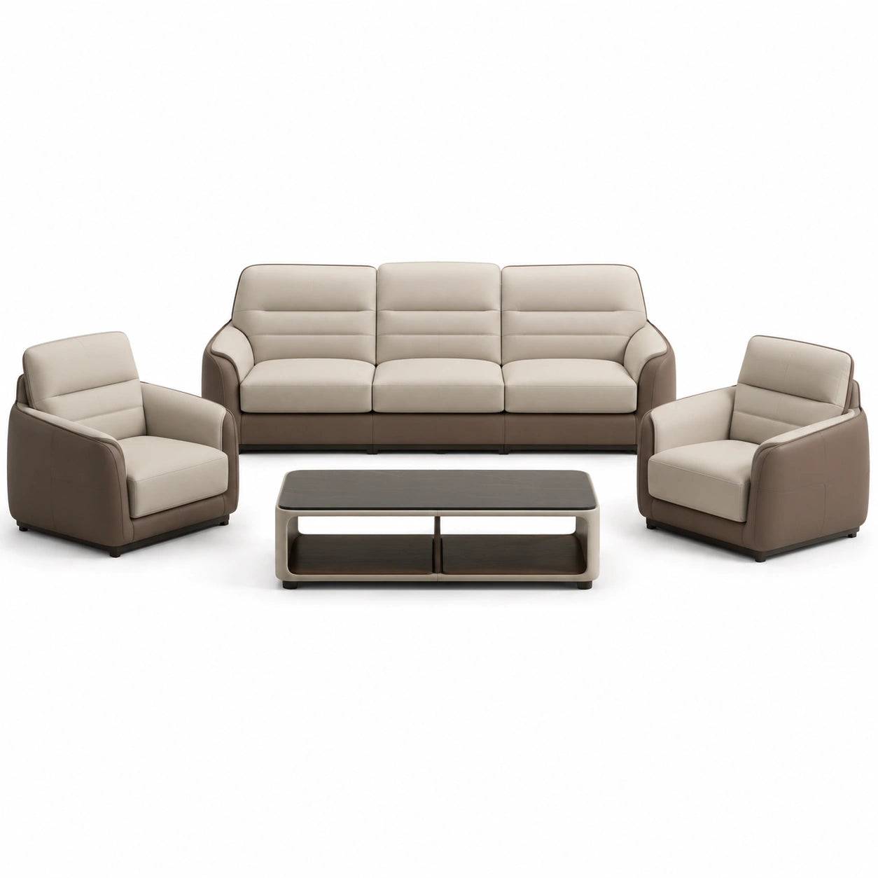 Conjunto de Sofás 3+1+1 de Cuero PU Beige/Marrón con Mesa de Centro de Madera
