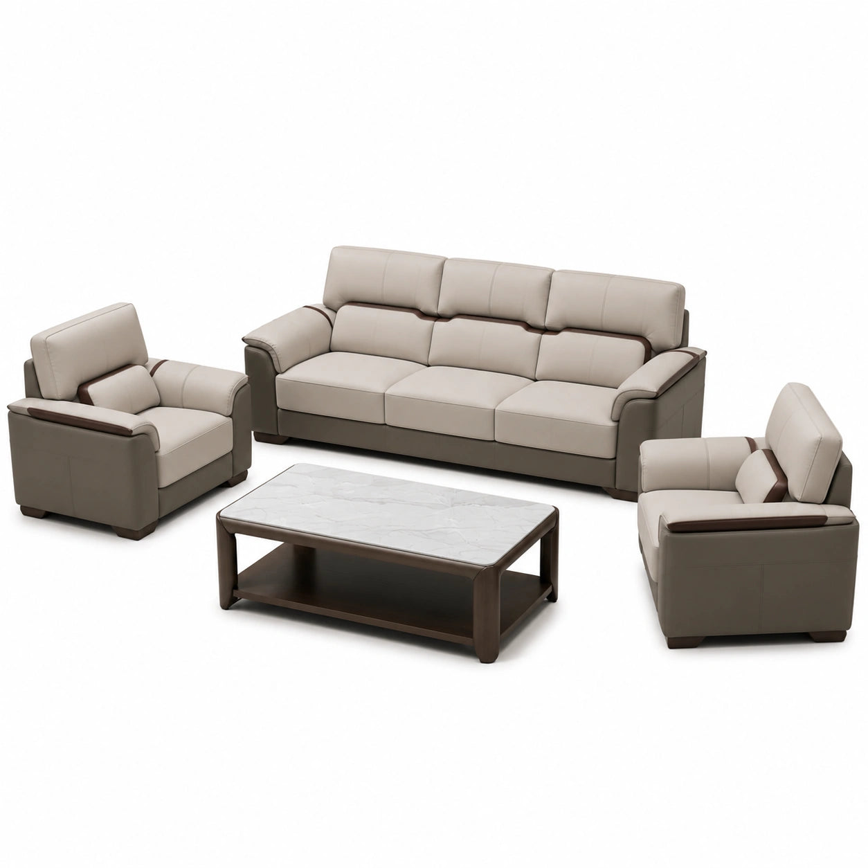 Conjunto de Sofás de Cuero Sintético Beige y Marrón con Mesa de Centro de Mármol