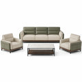 Conjunto de sofá de cuero sintético verde y beige con estructura de madera y mesa de mármol