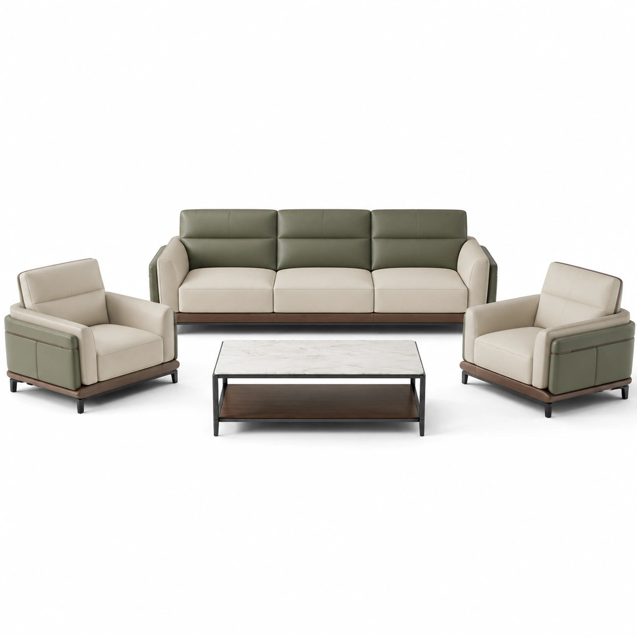 Conjunto de sofá de cuero sintético verde y beige con estructura de madera y mesa de mármol