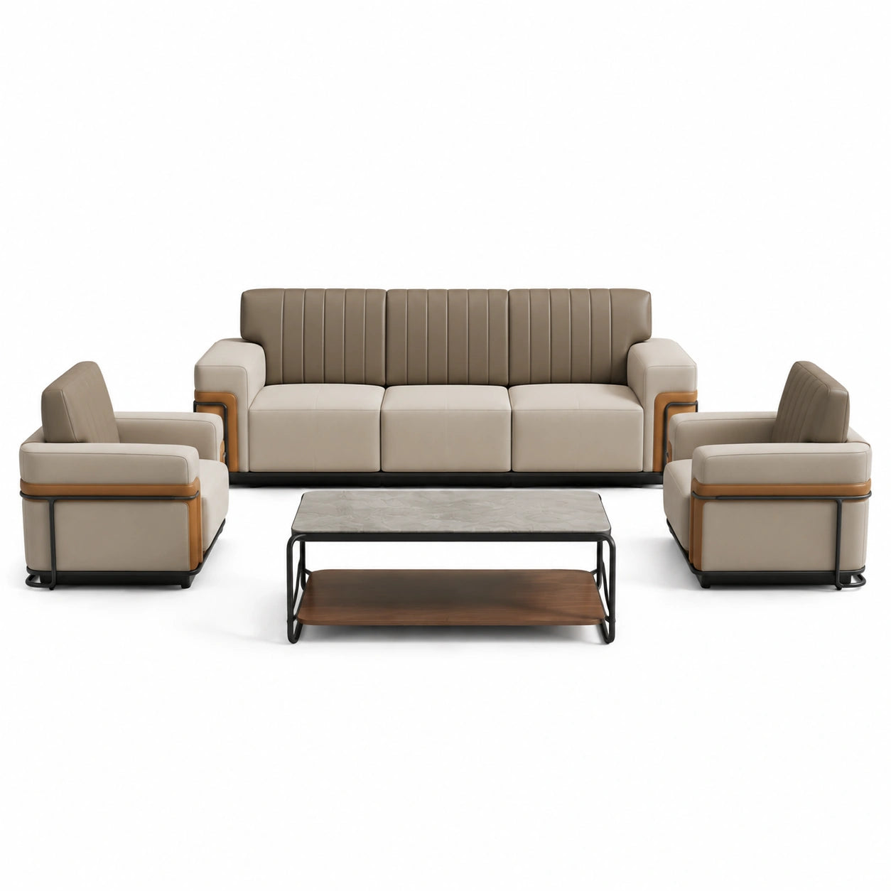 Conjunto de Sofás de Cuero Sintético Beige con Estructura de Metal y Mesa de Centro