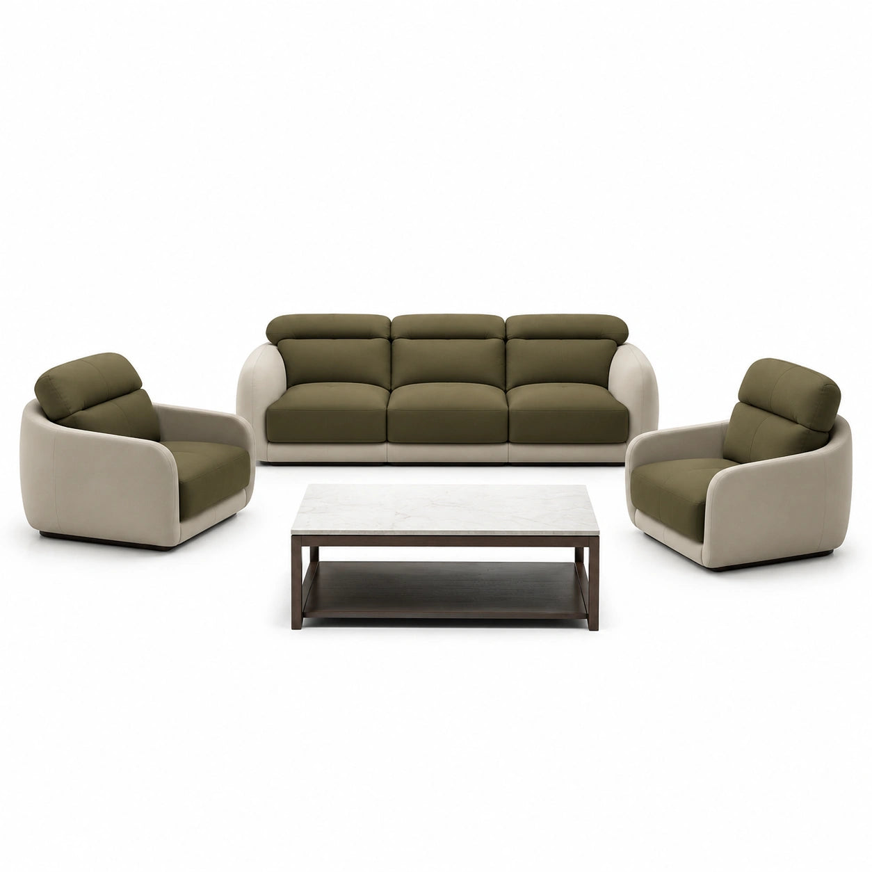 Conjunto de Sofá 3+1+1 de Cuero Sintético Beige con Mesa de Centro de Mármol Blanco