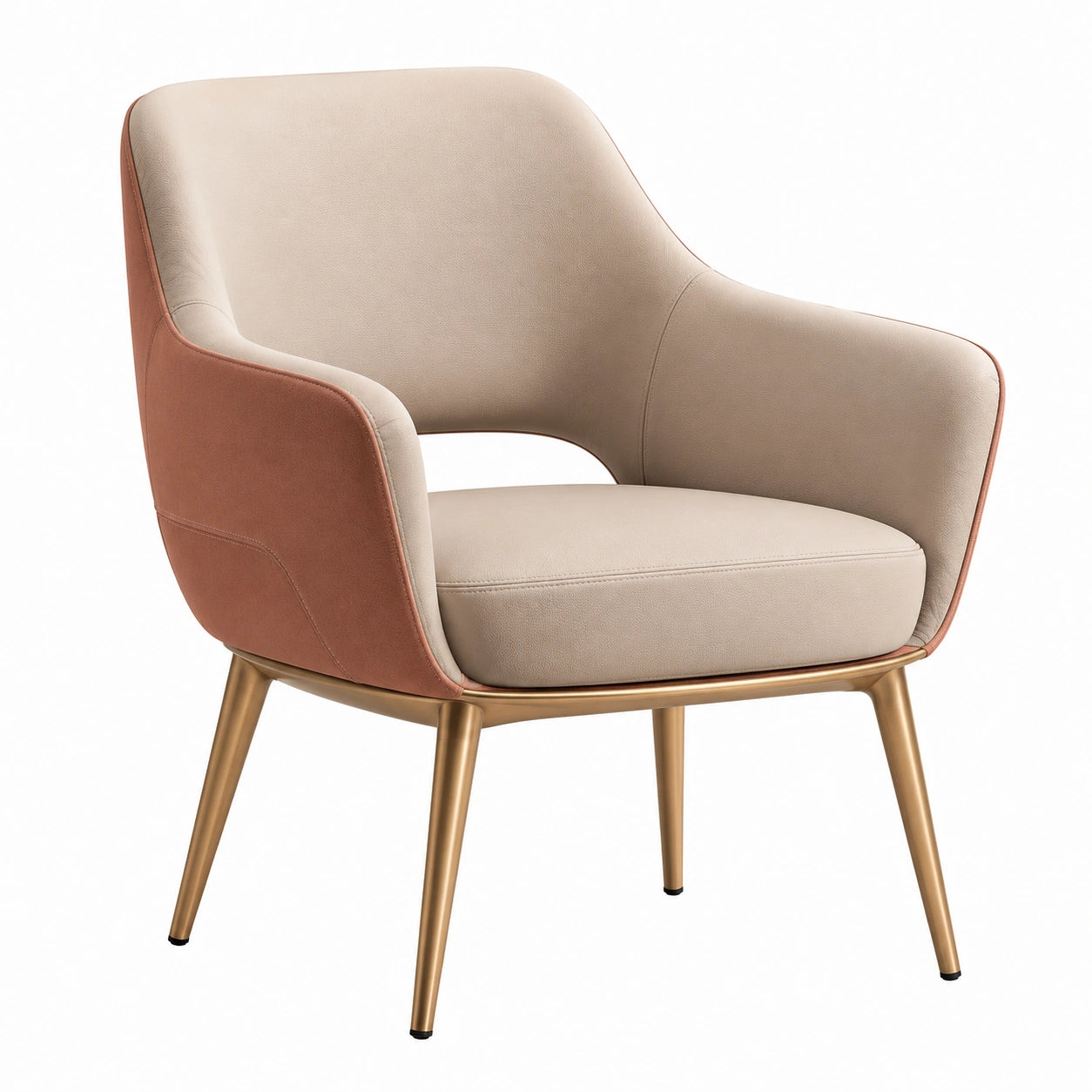 Sillón de Tela Beige y Terracota con Patas Metálicas Doradas