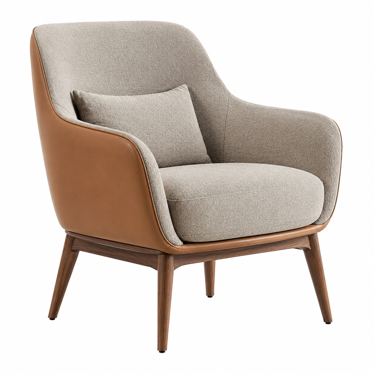 Sillón de tela gris y piel sintética marrón con patas de madera