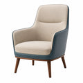 Sillón de tela y cuero sintético beige y azul con patas de madera
