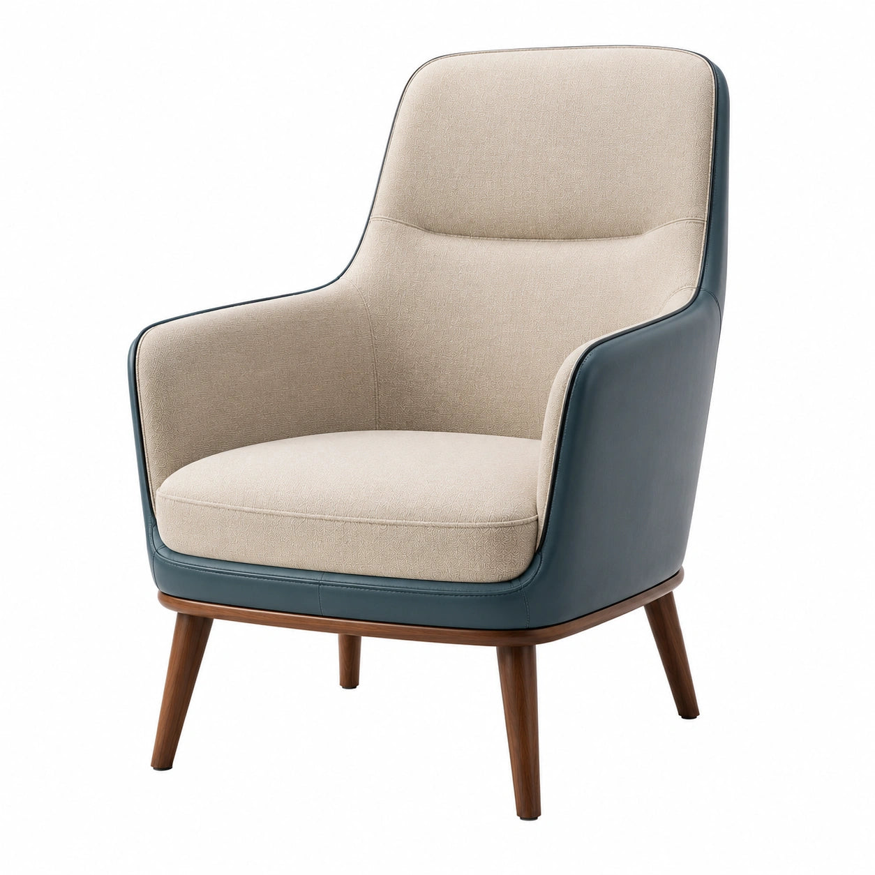 Sillón de tela y cuero sintético beige y azul con patas de madera