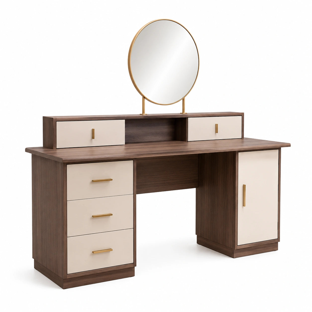 Tocador de madera con espejo redondo y cajones Marrón/Beige