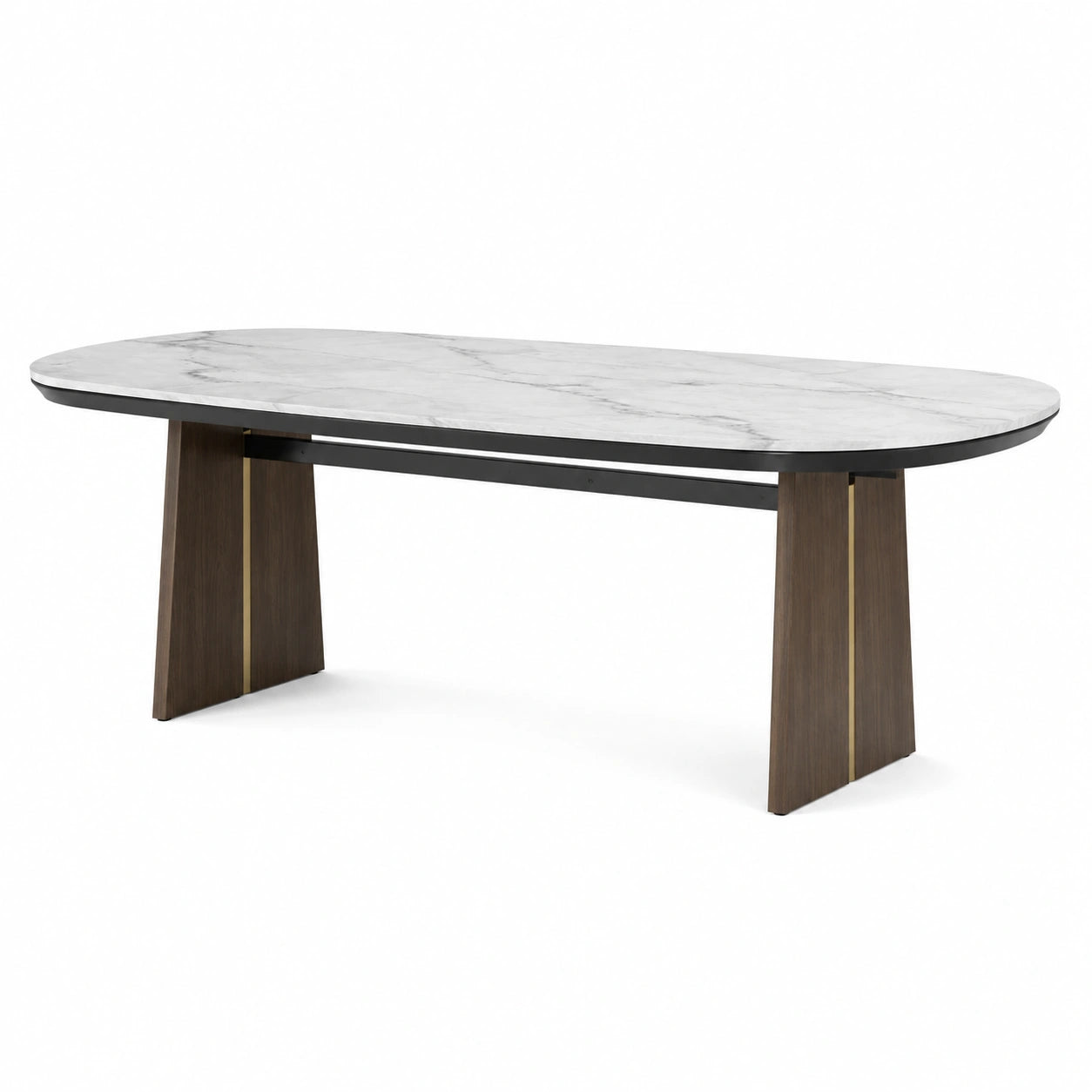 Mesa de comedor ovalada de mármol y base de madera