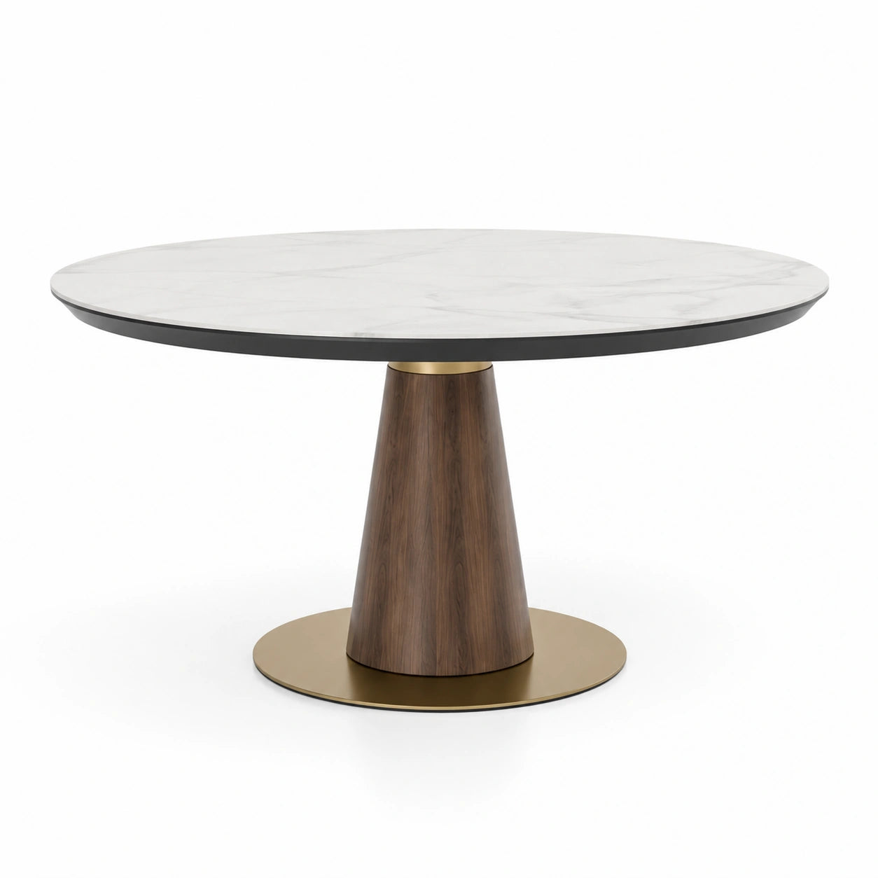 Mesa de comedor redonda de mármol, base de madera y metal, 120 cm