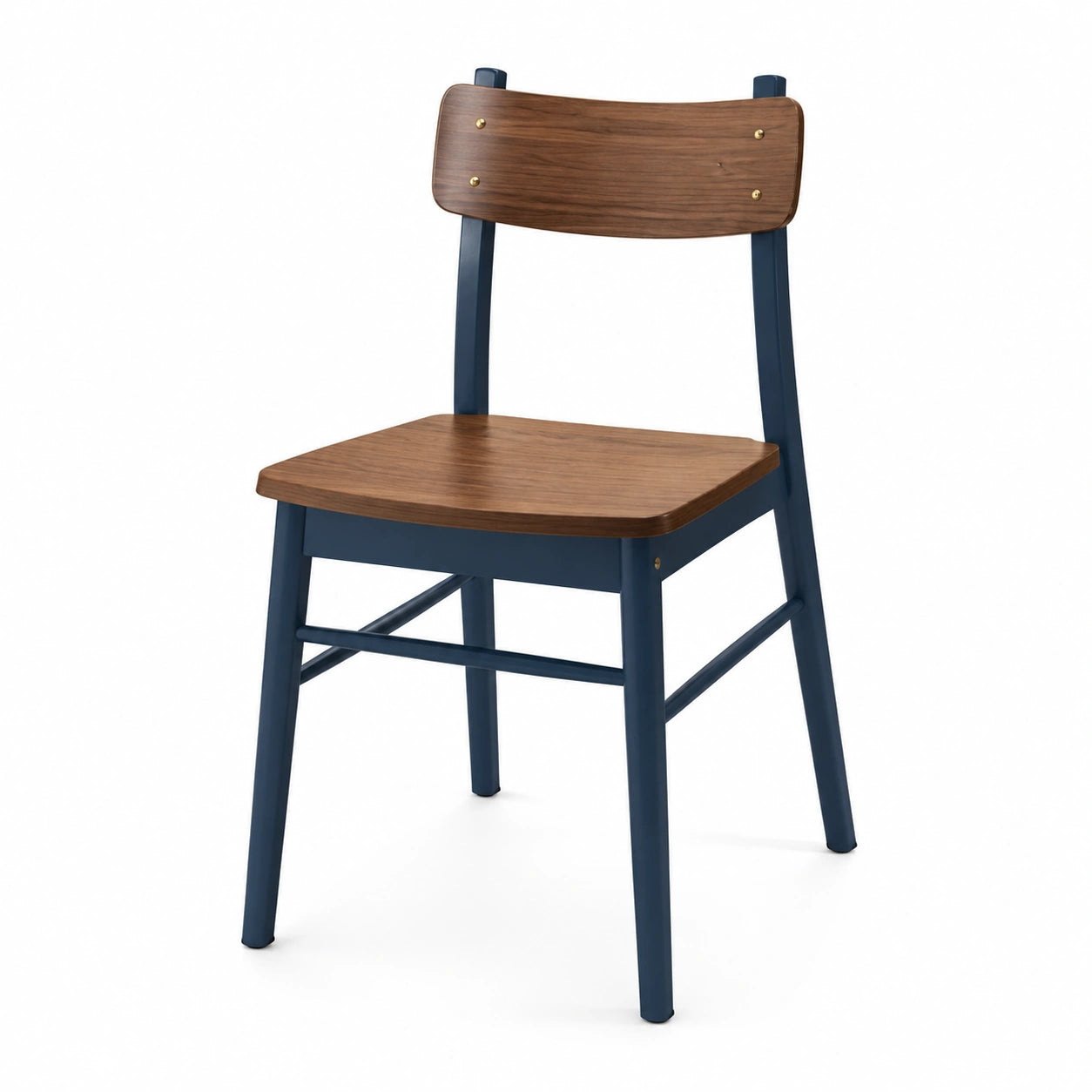 Silla de madera contrachapada con estructura de metal azul